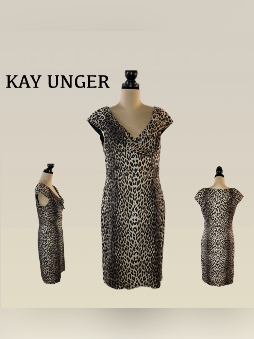 Kay Unger Black and Cream Animal Print Midi Dress